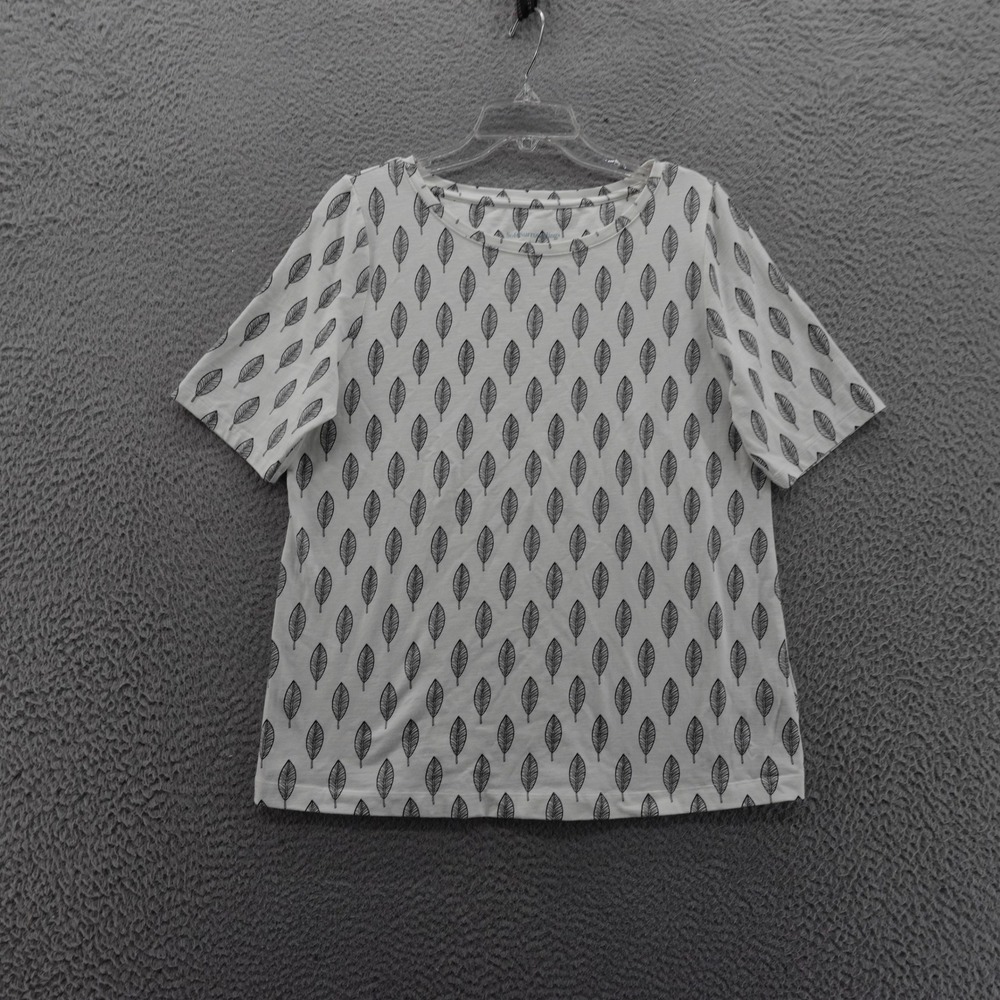 Soft Surroundings Leaf Print Knit Top Size Large White Black Womens Casual